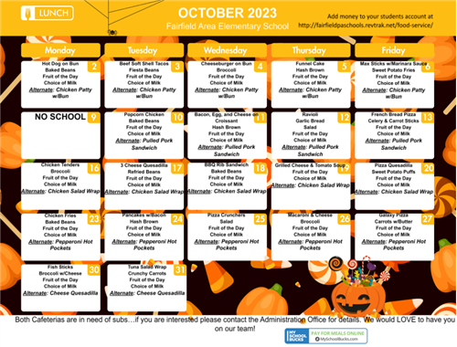 Elem. October 2023 Lunch Menu